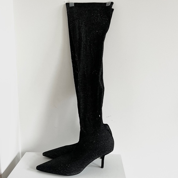 Zara black metallic over the knee point toe kitten heel...